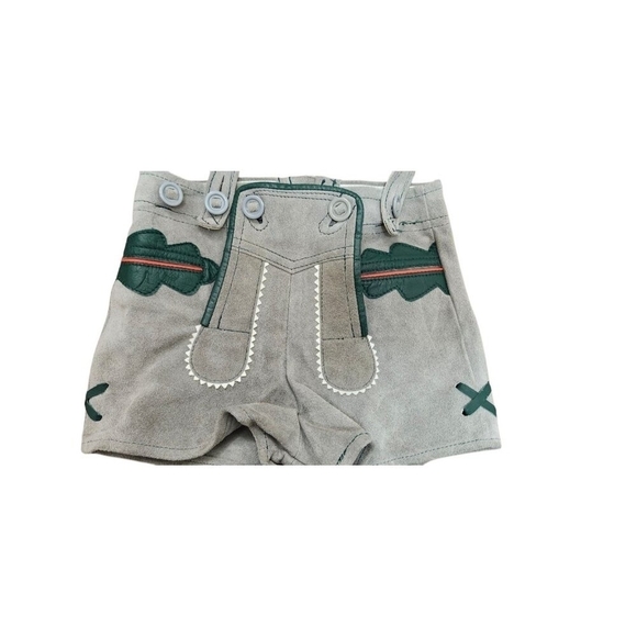 80s Leather Lederhosen Brown/Grey with Green and Red Leather Piping Details - Picture 4 of 9
